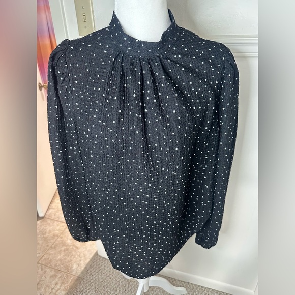LOFT Dotted knit Puff Sleeve Blouse with Mandarin Collar size  L - Picture 9 of 9